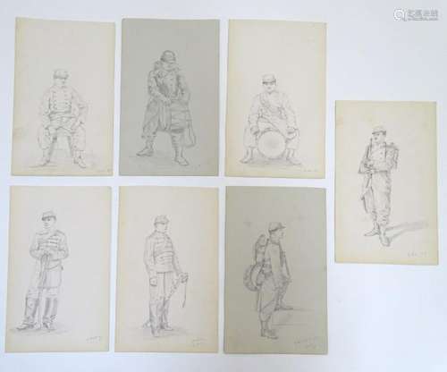 Militaria: an assortment of 7 pencil sketches depicting