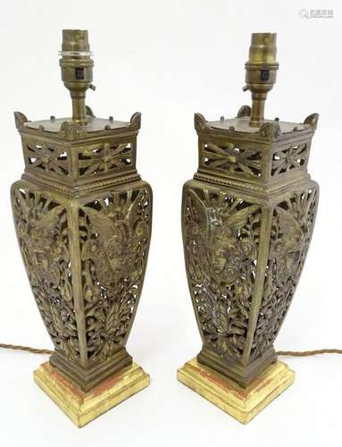 French Table lamps: a pair of ornate squared cast and