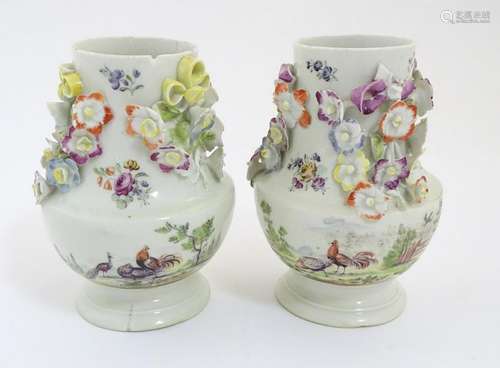 Two rare mid 18thC Derby flower encrusted vases of pear