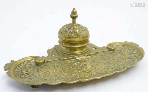 Standish / Inkwell: a cast brass desk piece having a