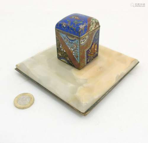 A c.1900 cloisonne squared hinged lidded inkwell and