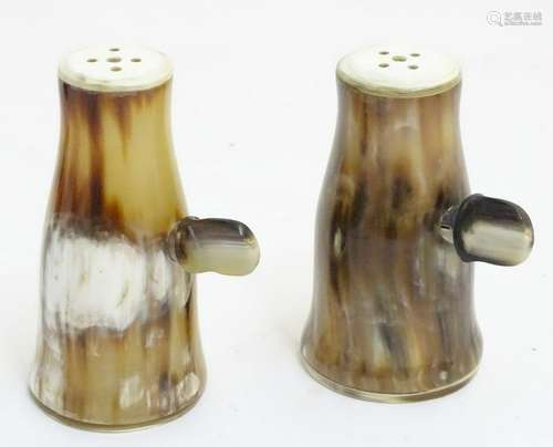 Pair of horn cruets with side twist decoration, the