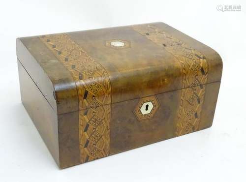 A mid-late 19thC ladies workbox of semi-domed form with