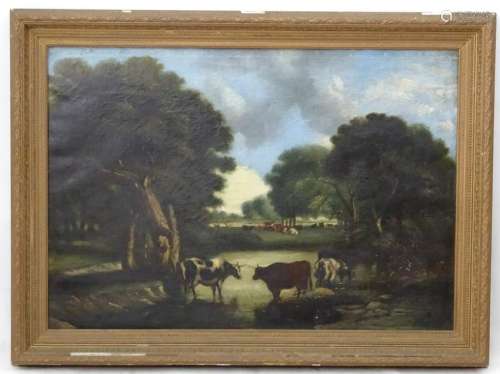 Victorian School, Oil on canvas, Cattle drinking in