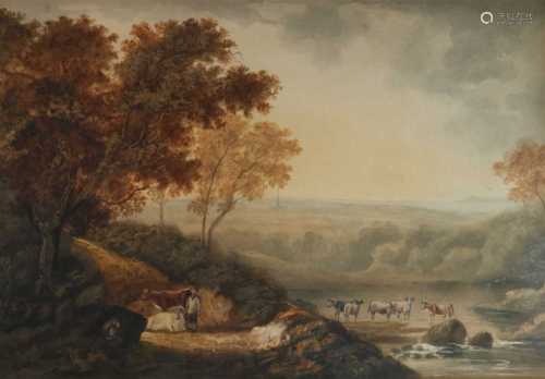 Late 18th century, Cattle watering beside a river