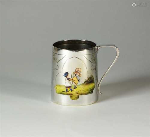 A Victorian silver and enamel Christening mug