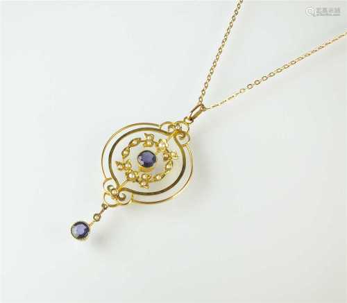 An early 20th century sapphire and seed pearl pendant on chain