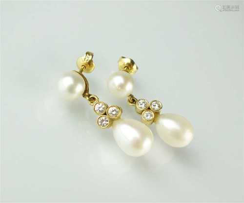 A pair of cultured pearl and diamond earrings