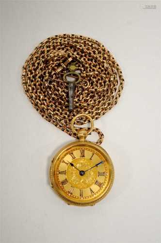 18ct gold ladies fob watch with 9ct gold guards chain