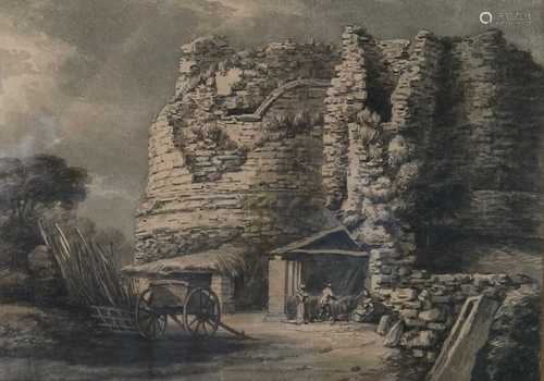 Thomas Hearne (1744-1817), Figures and a cart near a ruined tower