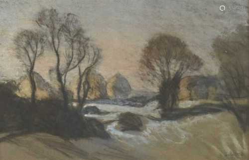 Sir George Clausen RA (1852-1944), Landscape with Haystacks