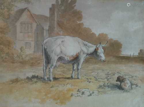 Robert Hills RA (1769-1844), A Cow with her Calf near a Cottage