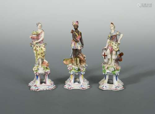 A rare set of three Bow female figures from the 'Four Continents', circa 1765-70, emblematic of