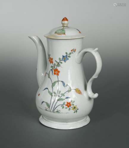 An early Worcester coffee pot and cover, circa 1755, decorated in the kakiemon style with foliage,