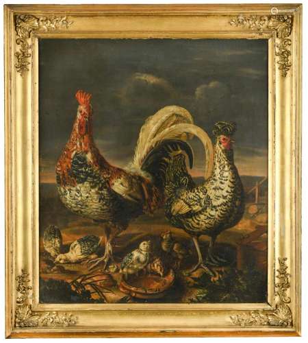 Attributed to Jacomo Victors (Dutch, 1640-1705) A Sicilian Buttercup cockerel with a Brabanter hen