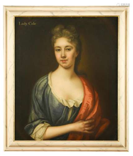 English School, circa 1720 Portrait of Lady Cole, half-length, in a blue dress and a pink shawl