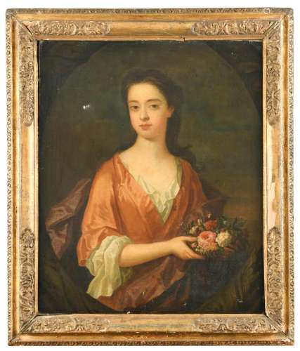 English School, circa 1720 Portrait of a young lady, half-length, in an orange dress with a brown