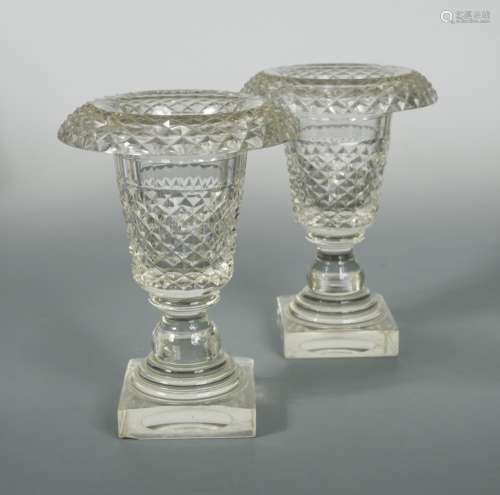 A pair of Irish 19th century 'hobnail' cut glass vases, with fold over rims, the tapering bodies