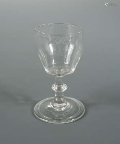 A set of six George III liqueur marriage glasses, each engraved with 'R over S * M', on knopped