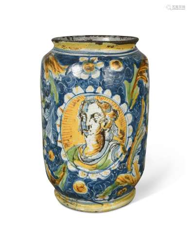 A large Venetian maiolica albarello, late 16th century, painted to each side with oval panels of a