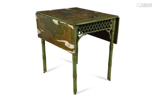 A George III green lacquer and faux bamboo Pembroke table, decorated with chinoiseries, with pierced