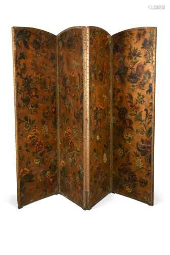 A 19th century Dutch leather gold ground four fold screen, painted with floral blooms 211 x 264cm (