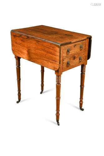 A Regency rosewood work table, with drop-leaf top, two small drawers, on turned tapering legs 74 x