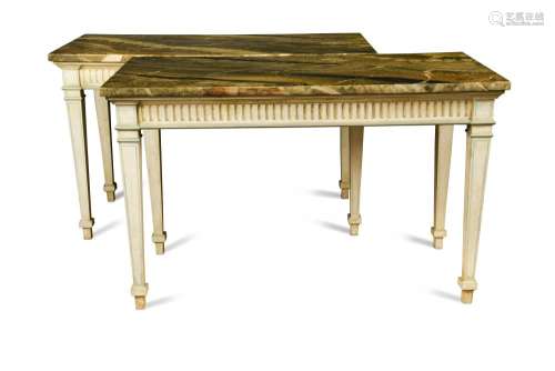 A pair of George III style painted and faux marble side tables, with fluted freize and faux marble