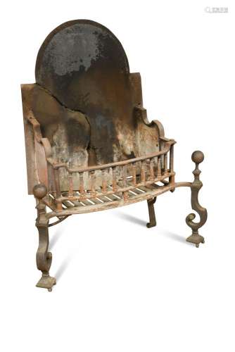 A George II cast iron basket fire grate, on S-scroll supports with ball finials 109 x 88 x 44cm (