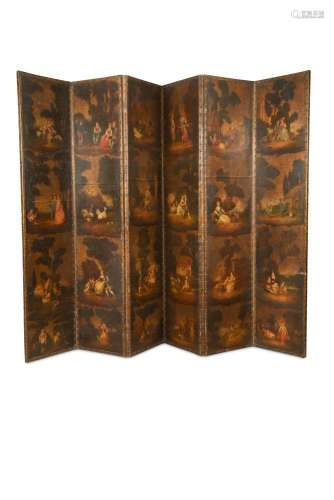 A late 18th century Dutch painted leather four fold screen, decorated with lovers, sheep, fowl and