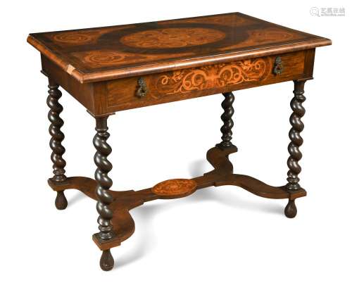 A 19th century Dutch walnut and marquetry table, incorporating earlier elements, on twist column
