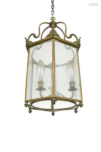 A 18th century style hexagonal brass framed hall lantern, with three light fitting 64 x 36cm (25 x