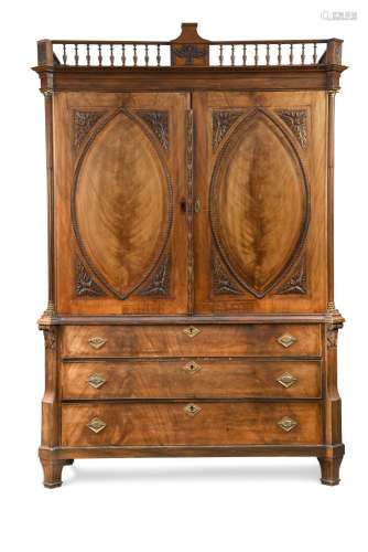 A late 19th century Dutch Neo-Classical mahogany armoire, circa 1800, the gallery top above a pair