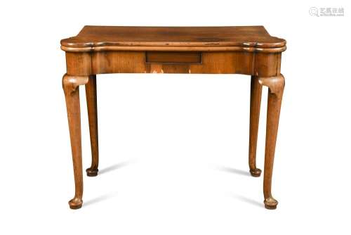A mid 18th century mahogany card table, with folding top and baize lined interior, a drawer to the