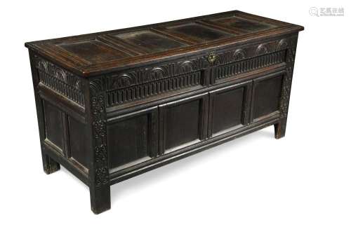 A late 17th oak panelled coffer, 70 x 141 x 56cm (27 x 55 x 22in) Provenance: Mawley Hall,