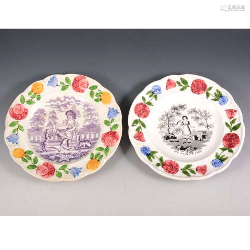 Two Pearlware type nursery plates, My Pretty Bird, 1830's, and Child dancing