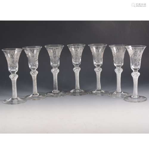 Seven Jacobite style wine glasses