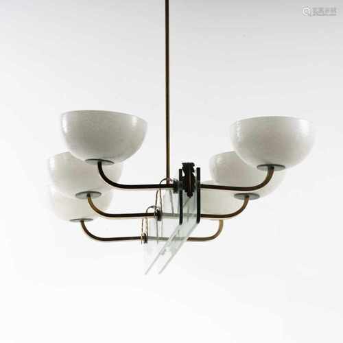 Italy, Ceiling light, 1940sCeiling light, 1940sH. 117.5 x 103.5 x 76 cm. Brass, glass, clear/green