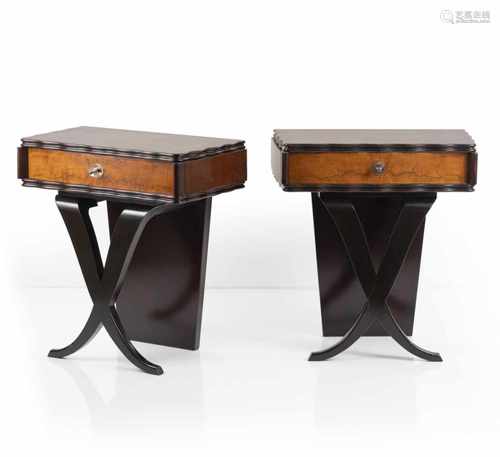 Italy, Two bedside tables, 1940/50sTwo bedside tables, 1940/50sH. 65 x 57 x 36 cm. Walnut stained