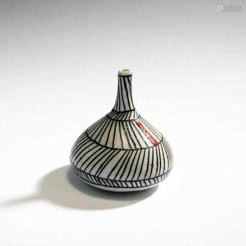 Guido Gambone, Vase, 1950sVase, 1950sH. 11.2 cm. Earthenware, glazed black and orange on grey/white.