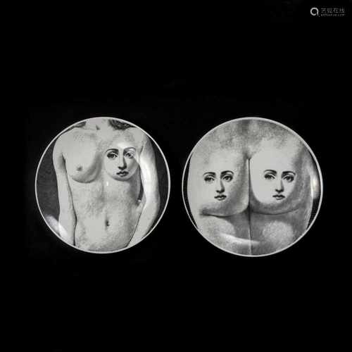 Piero Fornasetti, Two plates, 1980sTwo plates, 1980sTwo 'Tema e Variazioni' plates. D. 27 cm. Made