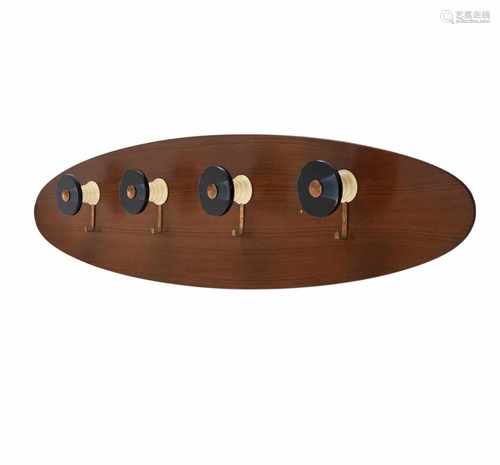 Italy, Wall coat rack, c. 1960Wall coat rack, c. 1960H. 30 x 128 x 9 cm.Plywood with teakwood