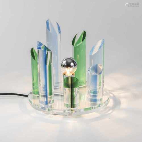 Italy, Table light, c. 1965Table light, c. 1965H. 21.5 cm. Plexiglass, clear, blue and green.