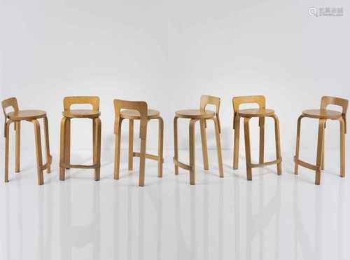 Alvar Aalto, Six 'K65' bar stools, 1934Six 'K65' bar stools, 1934H. 71 x 38 x 38.5 cm. Made by