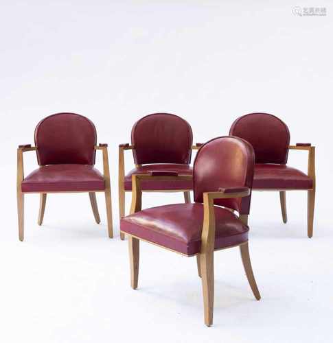 France, Four armchairs, 1930sFour armchairs, 1930sH. 86.5 x 64 x 60.5 cm. Oak, red leather.