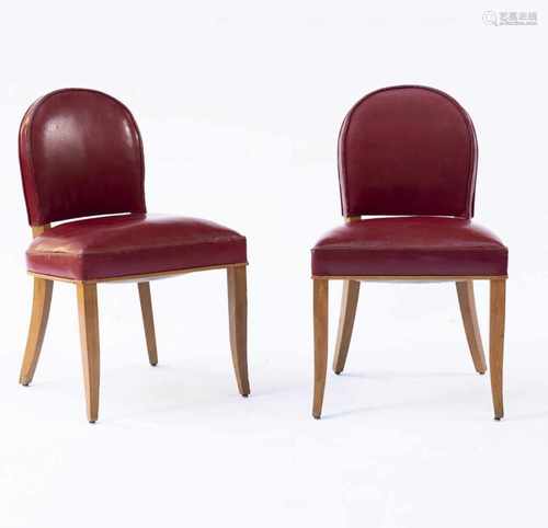 France, Two side chairs, 1930sTwo side chairs, 1930sH. 81 x 50 x 58 cm. Oak, red leather.