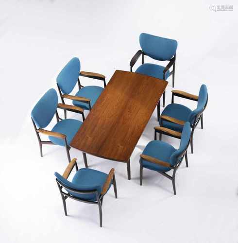 Finn Juhl, Table and six armchairs, 1949Table and six armchairs, 1949Chairs: H. 99 x 68 x 69 cm;