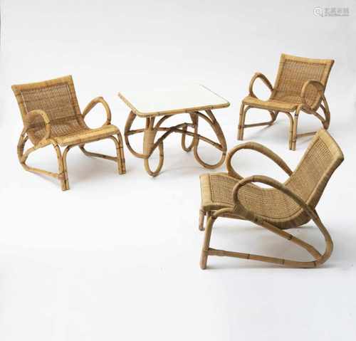 Arco, Germany, Suite, 1950s Suite, 1950s Table: H. 55 x 73 x 73 cm; Easy chairs: H. 67 x 63 x 79 cm.