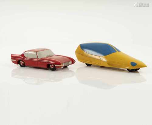 Germany , Two car models, c. 1970Two car models, c. 1970H. 13.5 x 48 x 16.5 cm (yellow); H. 10 x