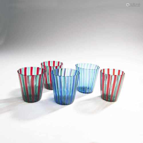 Gio Ponti, Five cups, 1946/47Five cups, 1946/47H. 8 cm. Made by Venini & C. Glass bands in red and